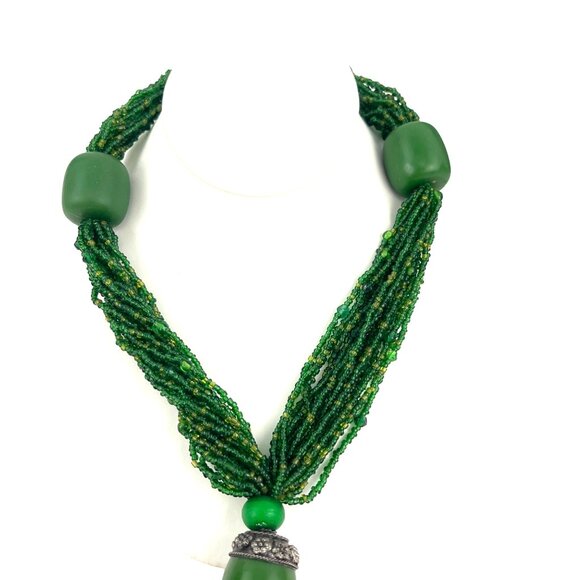 Handcrafted Green Beaded Necklace With Tassel Decorative Silver Accents Adjustab - Picture 7 of 10